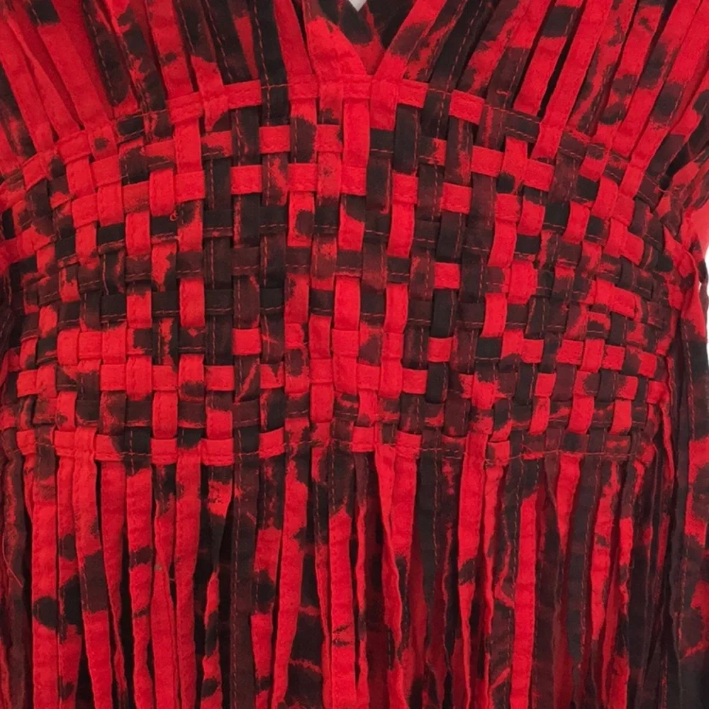 Michael Kors Fringe Weave Sleeveless V Neck Maxi Dress Red and Black size XS